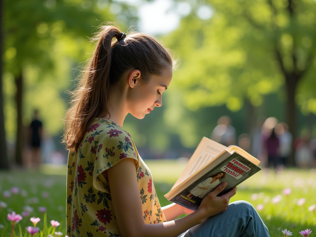 Девушка читает книгу в парке, сидя на траве среди цветов.